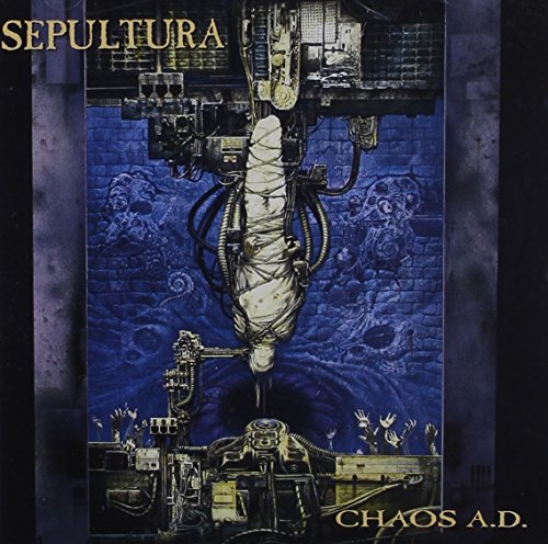 Sepultura’s “Chaos A.D.” album cover: industrial machinery over a blue, textured background.