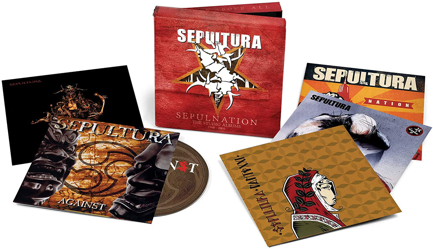 "CD box set with album covers and a CD, featuring the band Sepultura."