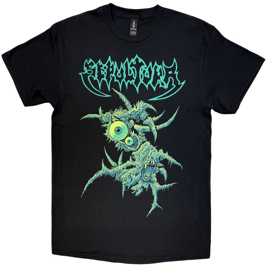 Black t-shirt with turquoise "Sepultura" band logo and tribal monster graphic.