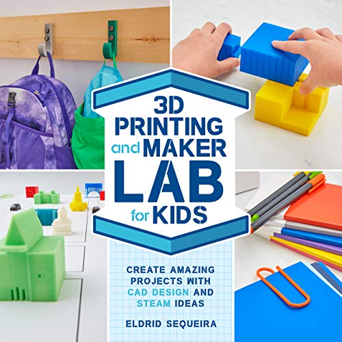 Book cover showing 3D printed objects, school supplies, and the title 3D Printing and Maker Lab.