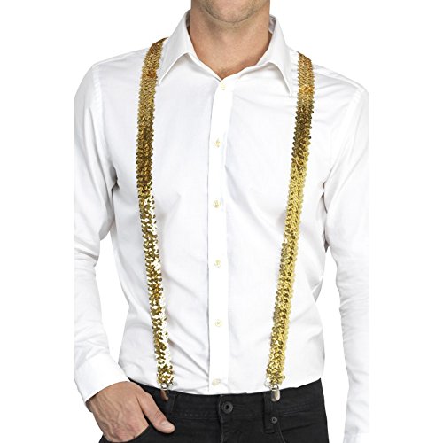 Gold sequin braces worn by a person with a white shirt.