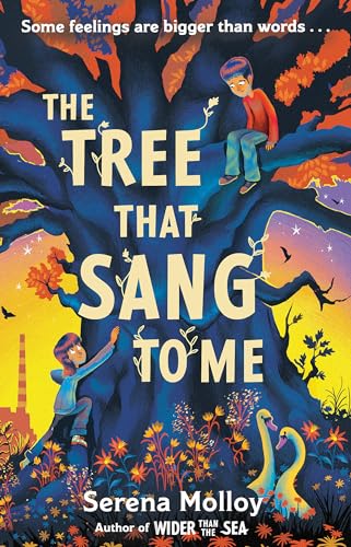Book cover showing two children near a large tree with swans in the foreground.