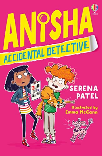 Book cover featuring two young girls and a cat, titled "Anisha, Accidental Detective.