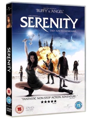 DVD cover for the movie Serenity featuring characters with weapons before an explosion.