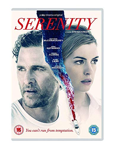 Serenity" DVD cover featuring Matthew McConaughey and Anne Hathaway, with a red splash.