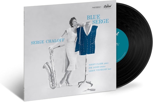 Vinyl record cover for Serge Chaloff’s “Blue Serge” featuring a trombonist.