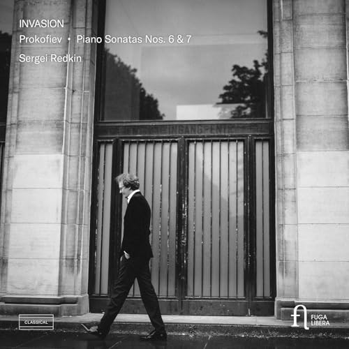 CD cover: pianist Sergei Redkin walking towards a building entrance.