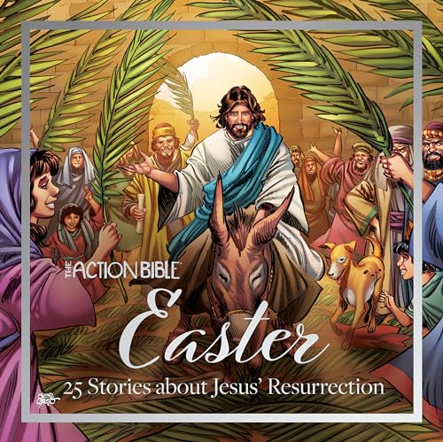 Jesus on a donkey enters Jerusalem, surrounded by a welcoming crowd.