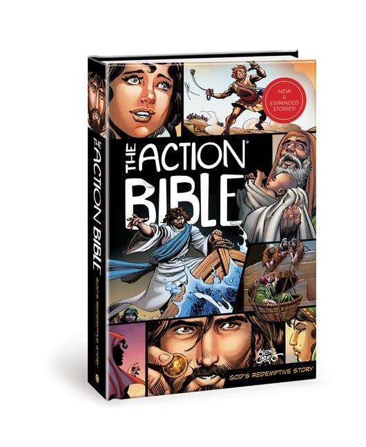 The Action Bible cover featuring various comic-style illustrations of biblical characters and scenes.