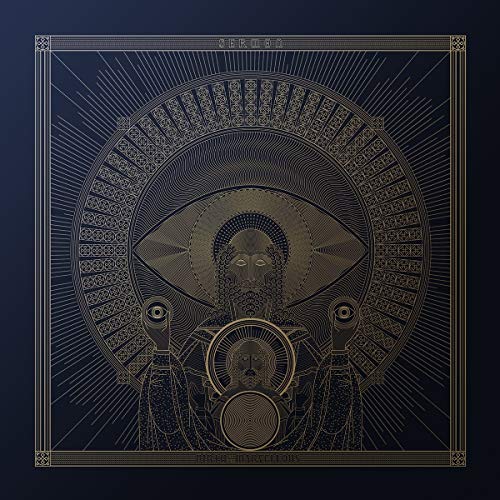"Album cover with intricate gold design on dark blue background featuring an eye and figures."