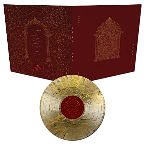 Gatefold vinyl cover with gold archway designs on dark red and gold marbled disc.