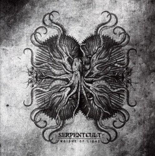 "Black and white album cover with a dark, winged creature illustration and textured background."