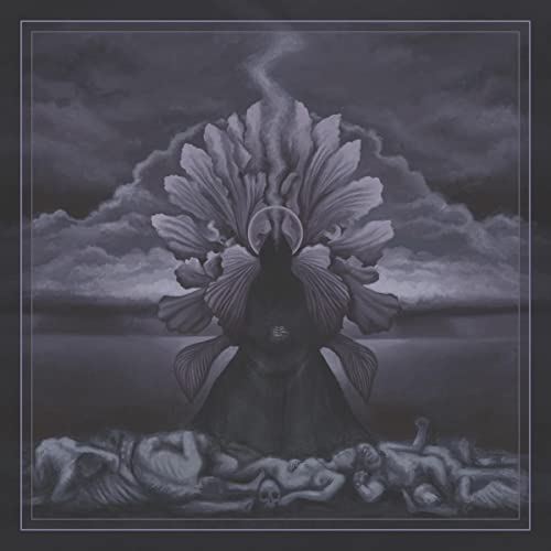 A dark, monochromatic illustration shows a hooded figure surrounded by flowers above prone bodies.