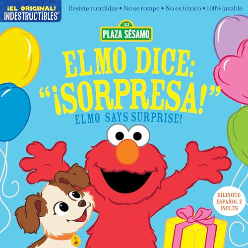 Elmo with a puppy, balloons, and a gift, from a bilingual children’s book.