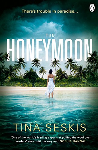 Book cover: woman on beach, palm trees, stormy sky, title "The Honeymoon".