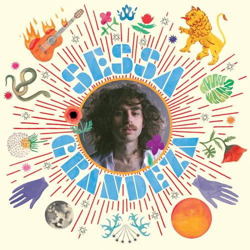Album cover for Sessa - Grandeza, featuring a portrait and colorful illustrations.