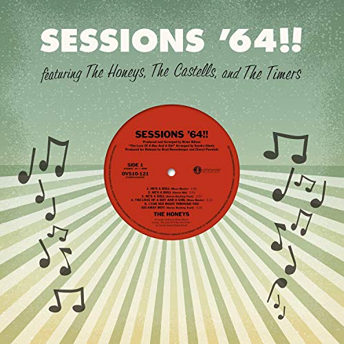 Red vinyl record label surrounded by music notes on a green striped background.