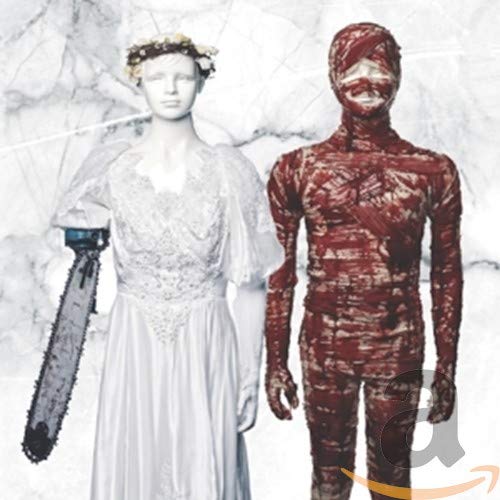 Two mannequins: one in a white dress with chainsaw, one wrapped in red bandages.