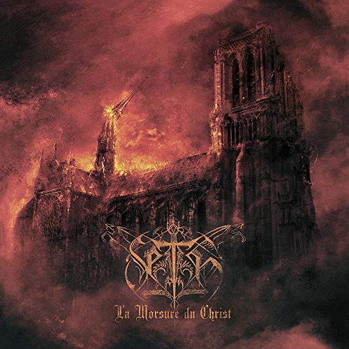 Burning cathedral illustration with band logo and album title "La Morsure Du Christ".