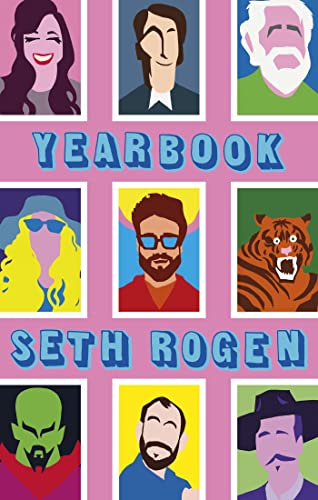 Yearbook" book cover with illustrated portraits of celebrities and a tiger.