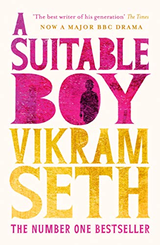 Book cover for A Suitable Boy by Vikram Seth with pink and gold text.
