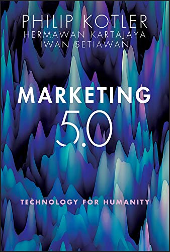 Book cover for "Marketing 5.0" with blue abstract mountain design.