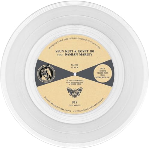Clear vinyl record label with text: Seun Kuti, Egypt 80, & Damian Marley.