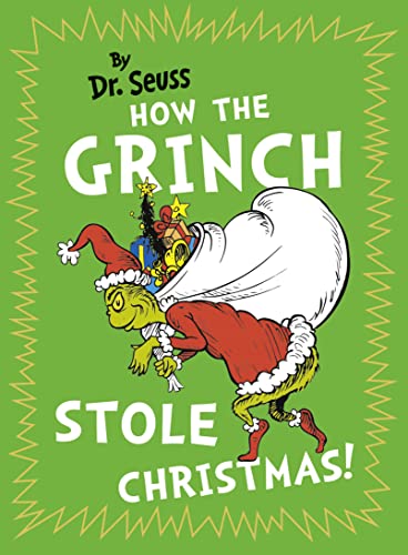 The Grinch carrying a sack of stolen Christmas gifts, book cover.