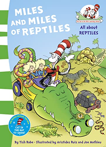 Cat in the Hat drives a reptile-shaped car with children.