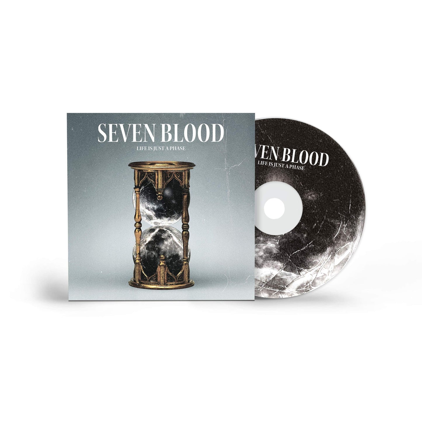 CD case for Seven Blood’s “Life Is Just A Phase” with hourglass image.