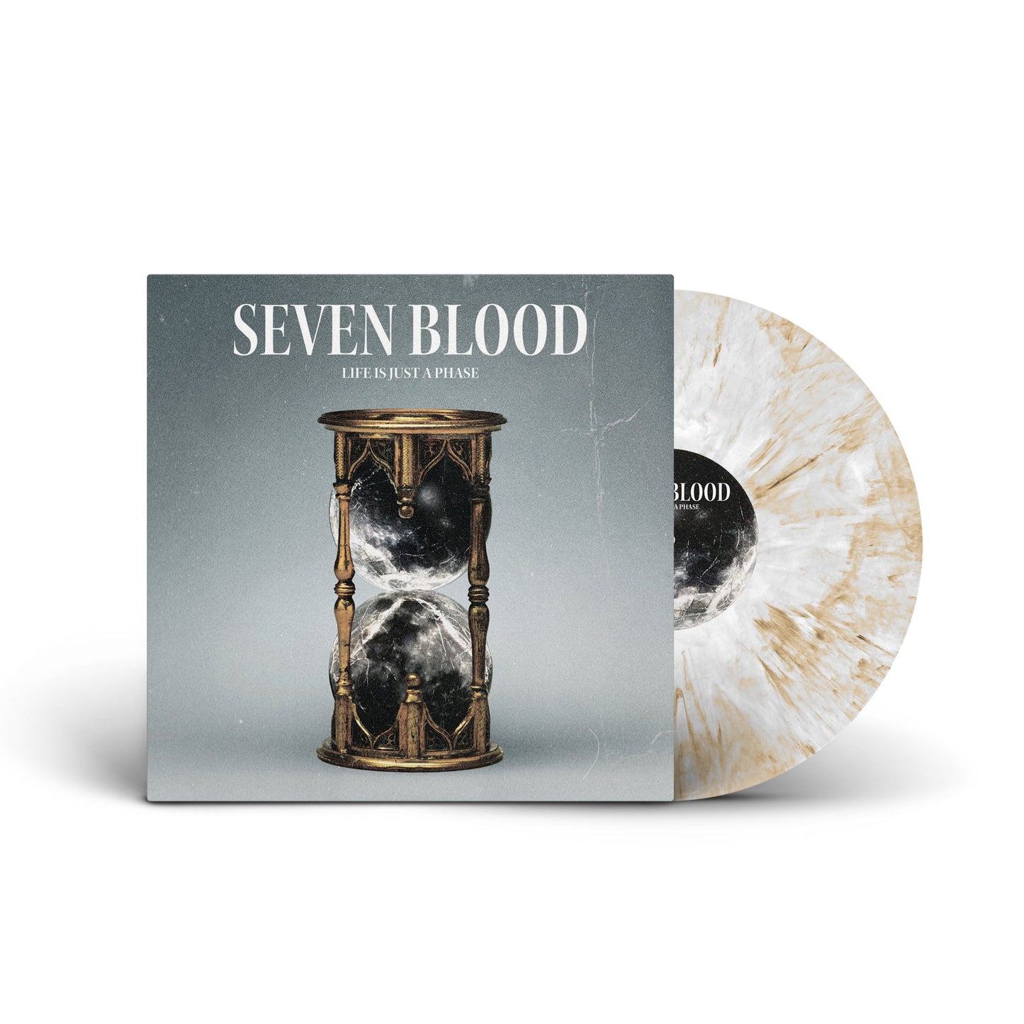 Seven Blood album cover featuring an hourglass next to a marbled white and gold vinyl.