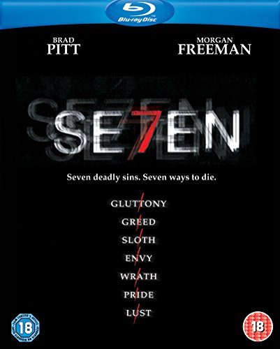 Seven" Blu-ray cover with dark imagery, title, and listed deadly sins.