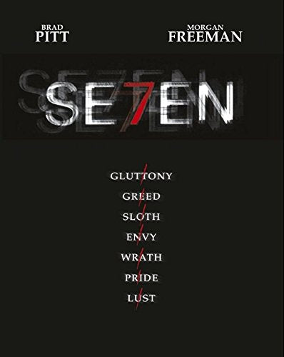 Seven" DVD cover with dark background, red text listing the seven deadly sins.