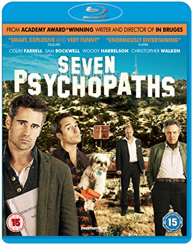 Blu-ray cover for Seven Psychopaths featuring four men and a small dog outdoors.