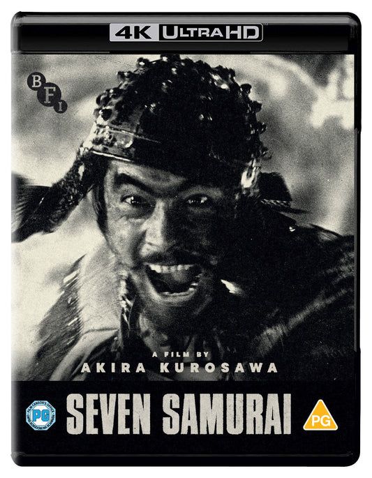 Seven Samurai 4K Ultra HD Blu-ray cover featuring a black and white samurai portrait.