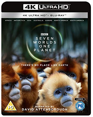 Blu-ray cover for Seven Worlds, One Planet featuring golden snub-nosed monkeys.