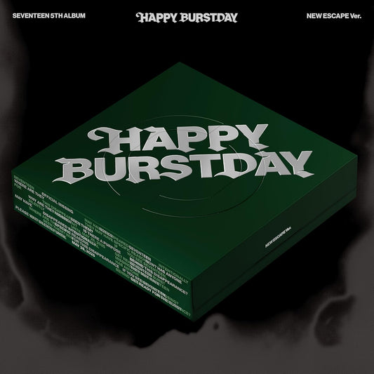 SEVENTEEN album “HAPPY BURSTDAY” cover: dark green with white text and shapes.