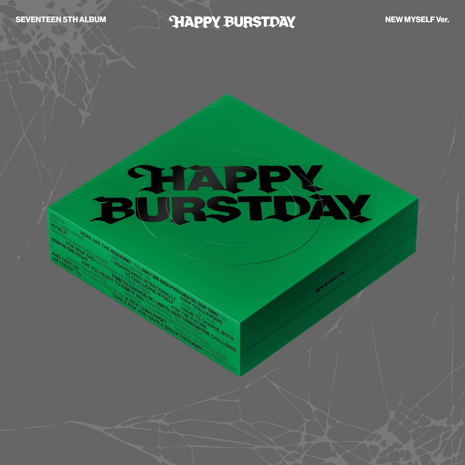 SEVENTEEN album cover: green abstract design with bold text "HAPPY BURSTDAY".