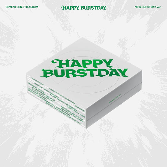 SEVENTEEN album cover: pink background with bold "HAPPY BURSTDAY" text.