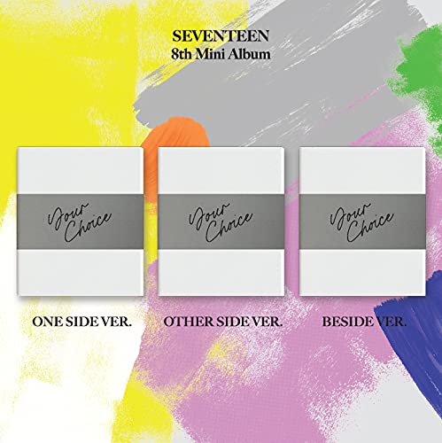 Seventeen’s “Your Choice” album cover with three white cases on colorful paint strokes.