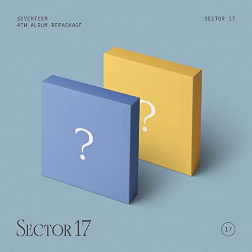 Seventeen's "Sector 17" CD album cover with blue and yellow boxes, each with a question mark.