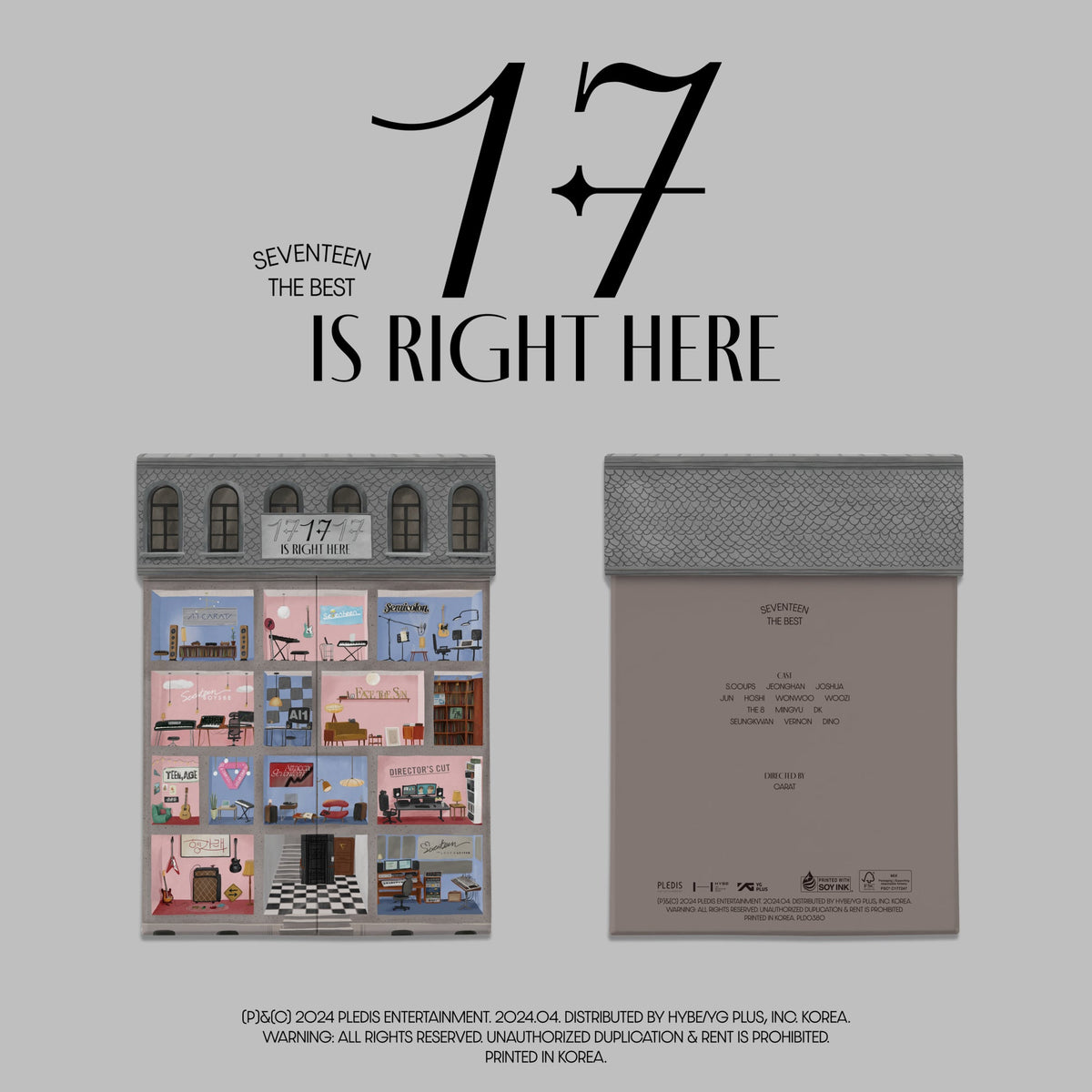 SEVENTEEN album cover: colorful building illustration with group name and logo.