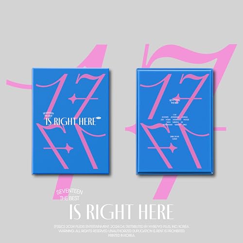 Seventeen’s “17 Is Right Here” album, two blue cases with pink accents.