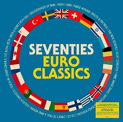 "Blue album cover with 'Seventies Euro Classics' text, surrounded by European flags in a circle."