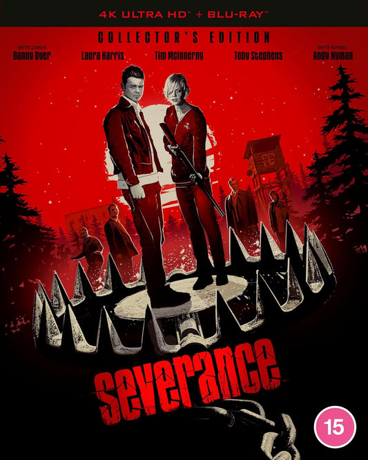 “Severance” 4K Blu-ray cover with cast, forest, and building silhouettes.