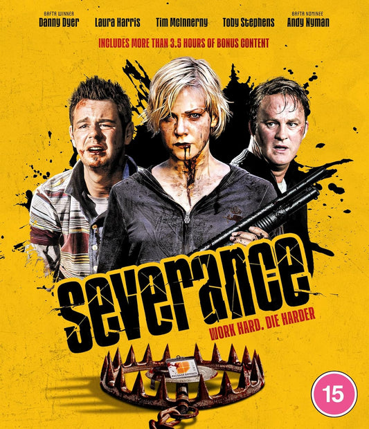 Blu-ray cover for Severance featuring three bloodied actors and a bear trap on yellow.