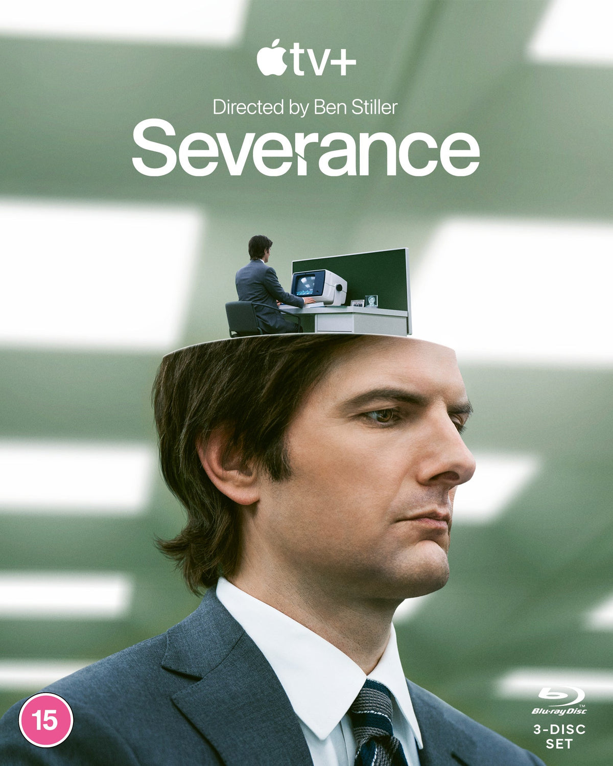 Severance Blu-ray cover: man’s face with miniature office on his head.