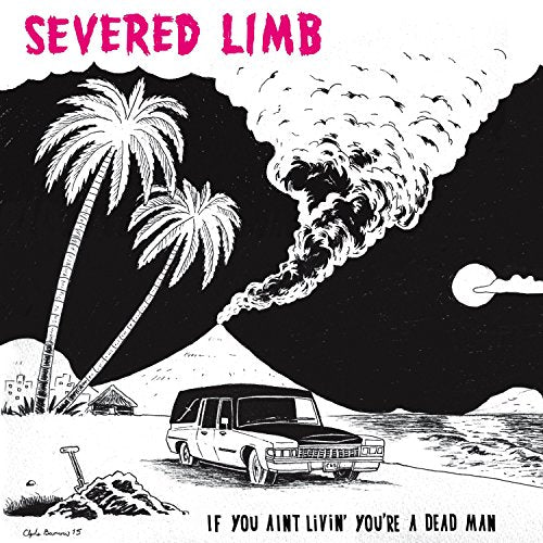 Black and white illustration of a hearse on a beach with palm trees and volcano.