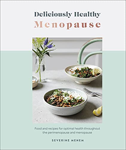 Cookbook cover with food photography and title "Deliciously Healthy Menopause".