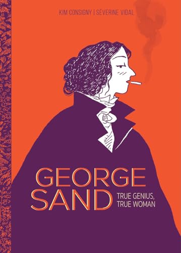 Book cover illustration of George Sand smoking, set against a vibrant orange background.